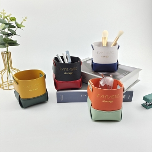 撞色拼接皮革收納桶筆筒客廳擺件玄關桌面收納