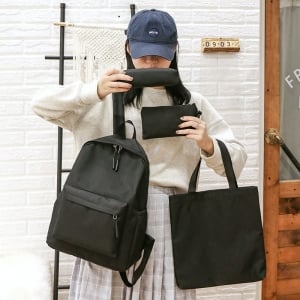 帆布雙肩包學生書包筆袋純色背包收納四件組