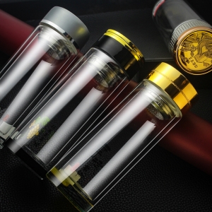 水晶底浮雕雙層玻璃杯隔熱商務辦公杯