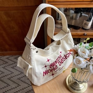 日系帆布單肩刺繡托特包