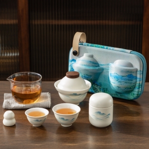 千里江山快客杯六件組戶外旅行茶具旅行包