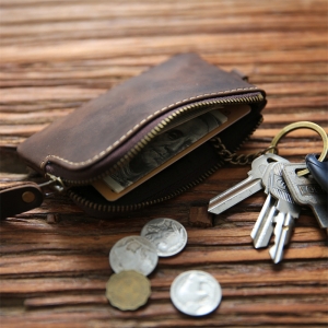 復古真皮拉鍊鑰匙掛繩小錢包