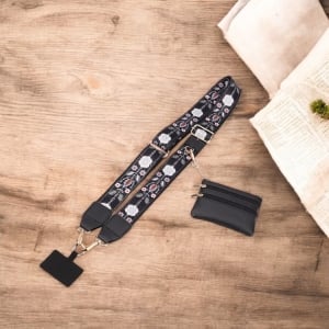 《花系列》寬肩帶斜背手機掛繩附掛件小包