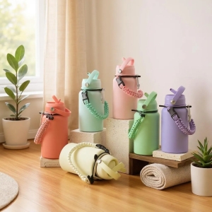 馬卡龍色650ml不鏽鋼保溫杯編織手提