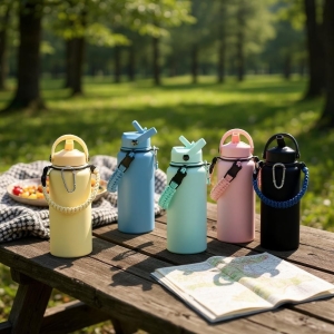 馬卡龍色1000ml不鏽鋼保溫杯編織手提