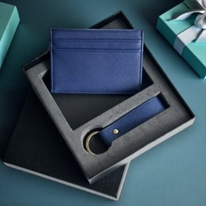 PU皮革十字紋證件包鑰匙扣套裝禮盒