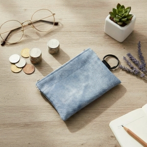 牛仔紋皮革小巧彈片零錢收納包