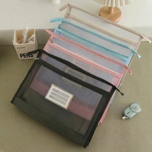 透明網紗雙層拉鍊手提文件袋收納袋