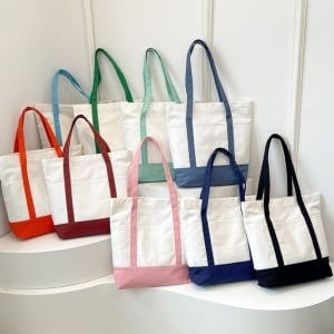 文青風大容量拚色手提托特肩背帆布包