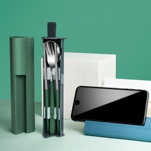 手機支架304不鏽鋼筷子叉子套裝餐具三件套便攜收納盒