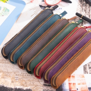 復古真皮簡約拉鏈迷你鋼筆小筆套筆袋