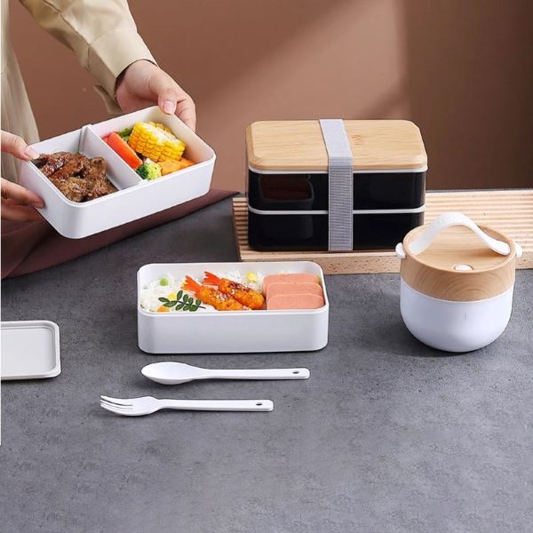 日式木紋飯盒便攜帶叉勺便當盒可微波